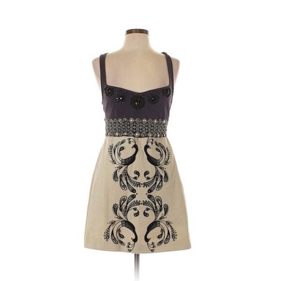 Vintage Y2K Free People Empire Waist Beaded Velvet Peacock A-Line Mini Dress - Picture 10 of 14